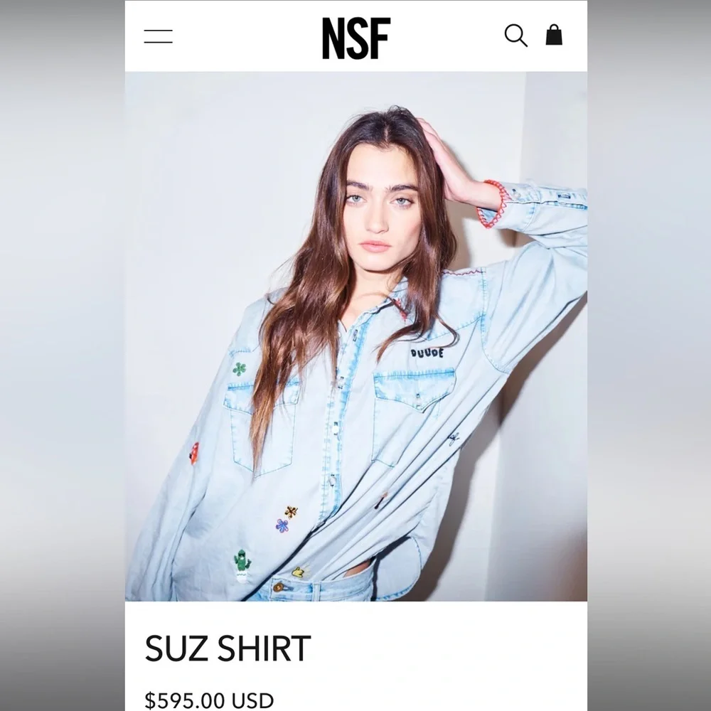 NWT NSF Suz Embroidered button Down Long Sleeve Denim Shirt in Formosa​